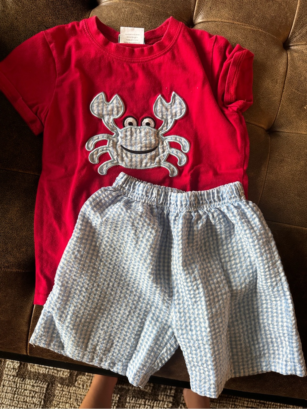 Kids Red Crab Appliqué Pajama Set - Blue Checked Shorts